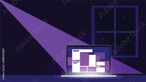 Digital creativity shines through the night, as a vibrant web design concept takes form on a laptop screen under a focused purple light, symbolizing nocturnal innovation