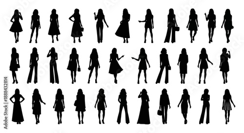Collection of Diverse Female Silhouettes in Various Fashionable Poses and Outfits