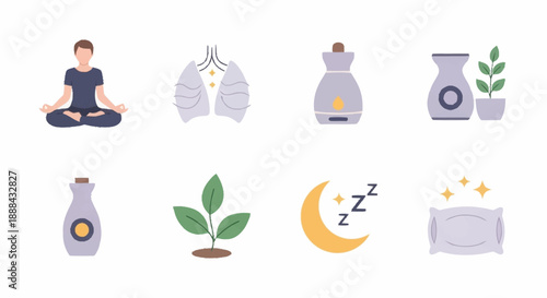 Relaxation and wellness icons set with meditation, essential oils, and sleep.