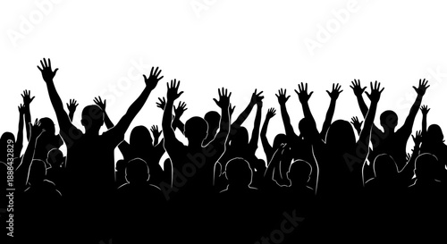 Silhouette of a Diverse Crowd with Raised Hands Cheering at a Concert or Event