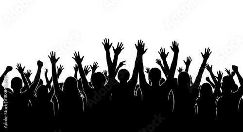 Silhouette of a Diverse Crowd Cheering with Arms Raised in Excitement