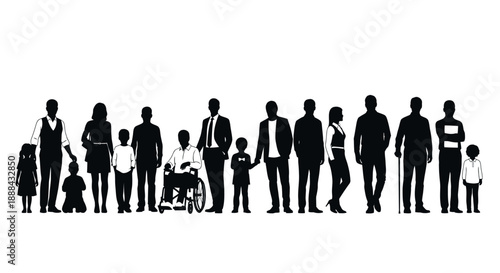 Diverse group of people of all ages and abilities standing together in silhouette
