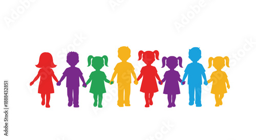 Diverse Group of Children Holding Hands in Rainbow Colors, Unity and Friendship Concept
