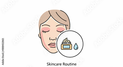Woman with closed eyes and skincare product illustration for beauty routine.