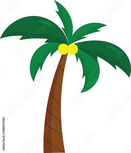 Vibrant cartoon illustration of a tropical palm tree with ripe yellow coconuts, evoking feelings of summer vacation, beach holidays, and exotic island getaways