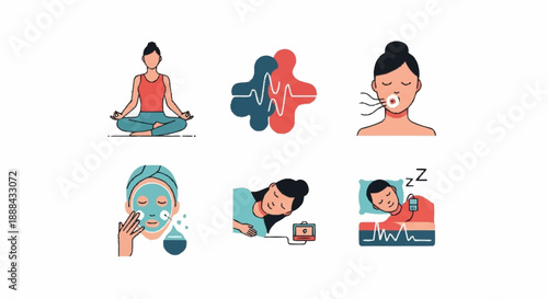 Illustrations of various relaxation and sleep techniques for wellness.