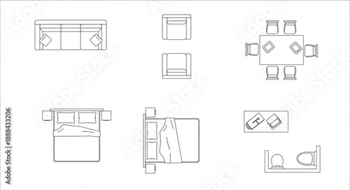 Architectural floor plan drawings of furniture and room layouts.