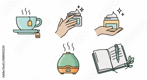 Relaxation and self care elements with tea and aromatherapy.