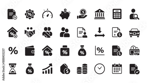 A diverse collection of thirty black vector icons, neatly arranged, illustrating essential financial management, banking, real estate, and business operations for digital projects