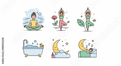 Serene illustrations of yoga and relaxation techniques for wellness.