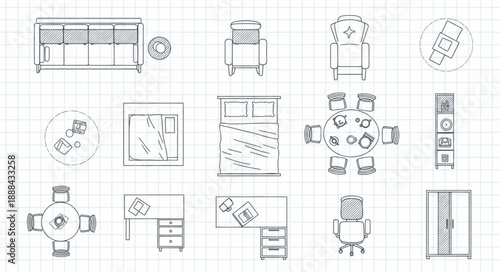 Architectural floor plan drawings of furniture and room layouts.