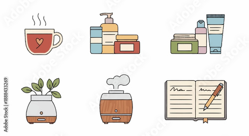 Collection of icons representing self care and wellness routines.