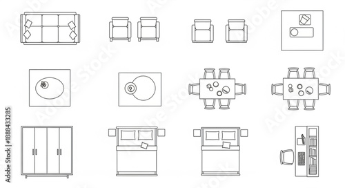 Architectural floor plan drawings of furniture and rooms.