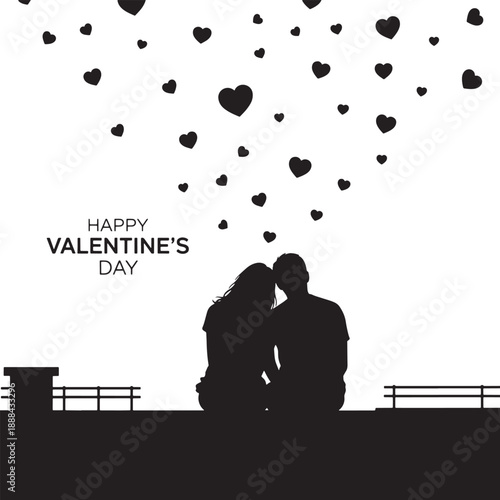 Silhouette of a loving couple on Valentines Day with hearts  romantic scene