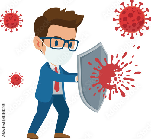 Cartoon man in blue suit and face mask bravely holding shield against red coronavirus particles in