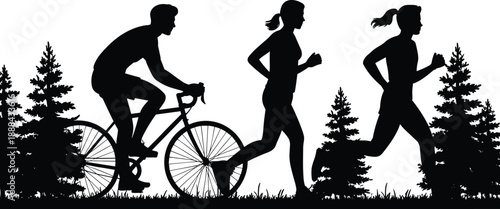 Silhouette of people cycling and running through a forest with pine trees on a white background jogging