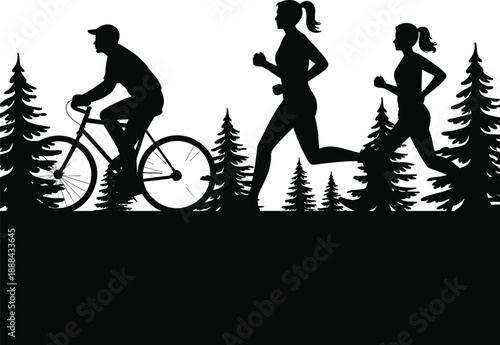 Silhouette of people cycling and running through a forest with pine trees on a white background jogging