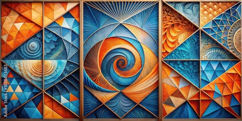 Abstract Geometric Triptych of Interlocking Swirls and Triangles in Vivid Orange and Blue Hues