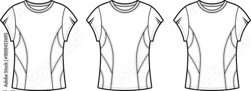 Technical fashion flat of three athletic short sleeve t-shirts showcasing detailed seam lines and a streamlined silhouette for activewear apparel