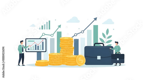 Stacked gold coins with growth charts and briefcase vector art on transparent background for wealth management and financial data analytics.