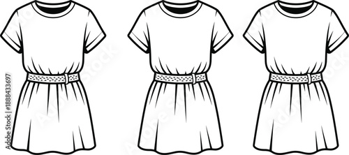 Technical fashion flat of three women's short sleeve dresses with elasticated waists and flowing skirts showcasing a simple and for apparel