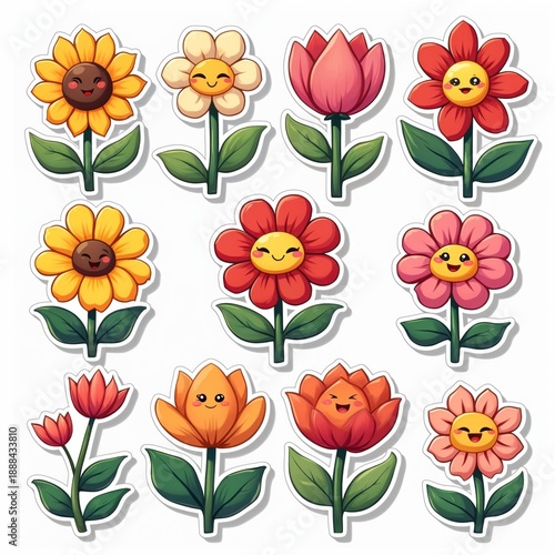 Wallpaper Mural Cute cartoon flowers with faces smiling. Collection of different flower types and colors with leaves and stems. Visual art, sticker style, white background. Floral elements for decor and design. Torontodigital.ca
