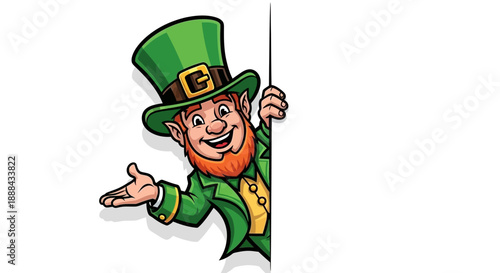 A cheerful leprechaun wearing a green hat and suit peeking around a white board.