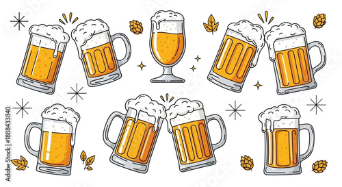 A collection of hand-drawn illustrations of frothy beer mugs and glasses, with hops and sparkles, suggesting a celebratory toast.