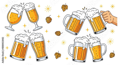 A collection of illustrations depicting various glasses and mugs of beer clinking together in celebration, with hops and sparkles.