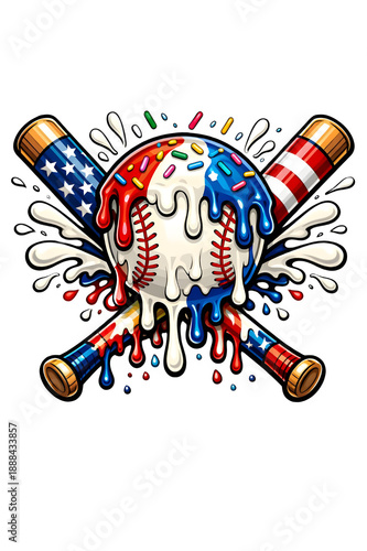 Vintage Baseball Illustration with Crossed Bats, USA Flag Pattern, Ice Cream Drip and Sprinkles