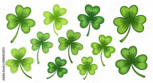 A collection of vibrant green shamrocks, symbolizing luck and St. Patrick's Day, arranged in a scattered pattern on a white background.