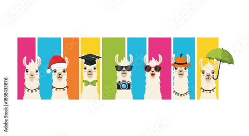 A vibrant illustration featuring a line of seven cartoon llamas, each adorned with a unique accessory, set against a colorful striped background.