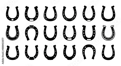 A collection of various horseshoe designs, presented in a grid formation against a white background.