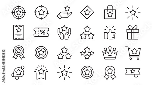 Premium vector icon set featuring star ratings, loyalty badges, reward systems, and achievement symbols in a clean outline style for digital projects and user interface design
