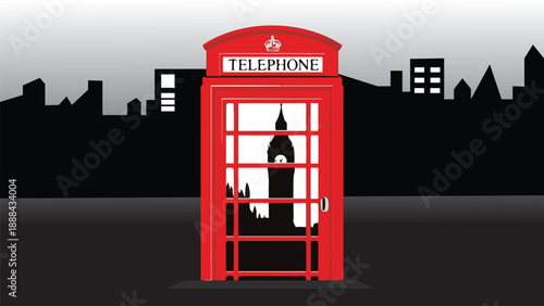 Classic Red British Telephone Booth with London Skyline Silhouette