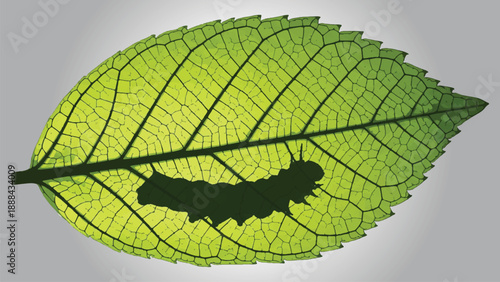 A vibrant green leaf with a silhouette of a caterpillar eating it, representing nature's cycle and growth