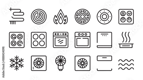 A collection of household appliance icons and symbols including kitchen equipment, climate control, and utility functions represented in black and white line art