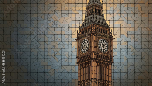 Iconic clock tower in London, a famous landmark with a mosaic background
