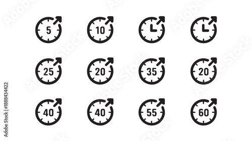 Modern minimalist black and white vector icon set of 12 timer symbols, illustrating time intervals from 5 to 60 minutes for quick selection in UI and digital design