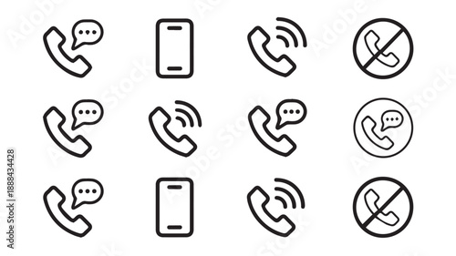 A set of 12 black and white line art icons representing communication, phone calls, and no-entry signs for various digital applications
