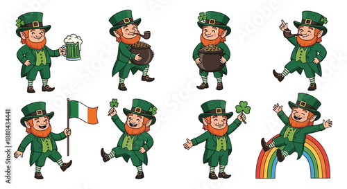 A collection of eight cartoon leprechauns in various poses, celebrating St. Patrick's Day with Irish flags, shamrocks, pots of gold, and rainbows.