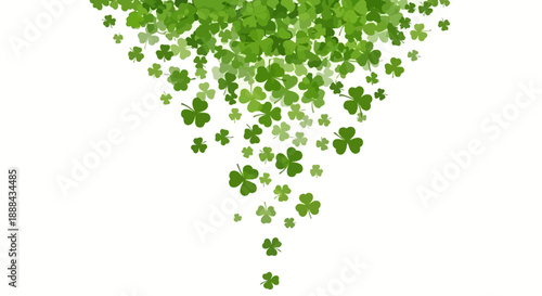 A cascade of vibrant green shamrocks falling from the top of the frame against a white background.