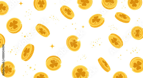 A seamless pattern of gold coins featuring shamrocks, scattered against a white background with sparkling gold accents.