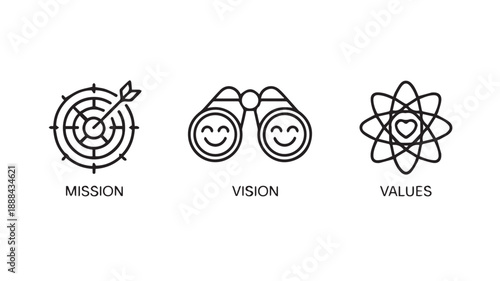 Mission, Vision, and Values icons representing business strategy and company goals