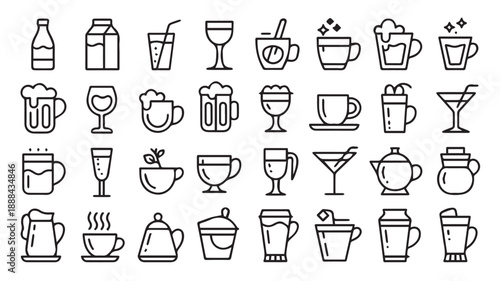 A versatile collection of minimalist line icons showcasing diverse drinks and essential drinkware, ideal for menus, cafes, web design, and various graphic applications