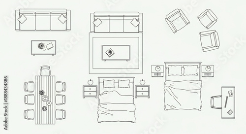 Bedroom furniture layout plan top view sketch.