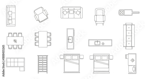 Architectural Floor Plan Symbols Representing Furniture and Rooms.