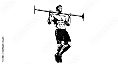 Muscular Man Performing Pull- on Bar, Athletic Fitness Silhouette Vector Illustration