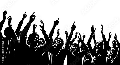 Excited Crowd Cheering and Raising Hands in Silhouette Against a White Background