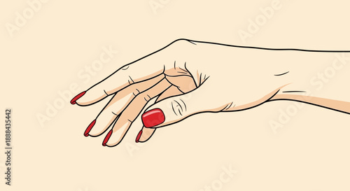 Elegant Woman's Hand with Red Nails, Vector Illustration on Beige Background